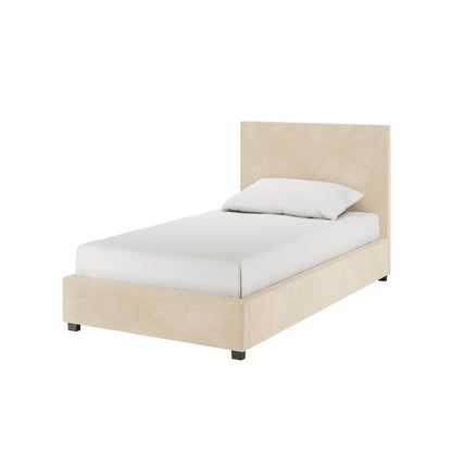 Lovita King Single Bouclé Bed Frame with Gas Lift Storage in cream beige, featuring a low upholstered frame, matching rectangular headboard, and visible short dark feet, showcasing modern design and practicality.