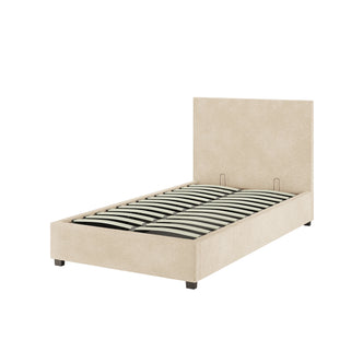 Lovita King Single Bouclé Bed Frame with Gas Lift Storage in Cream Beige features a minimalist design with upholstered platform style, tall headboard, and curved wooden slats, shown without mattress or bedding.
