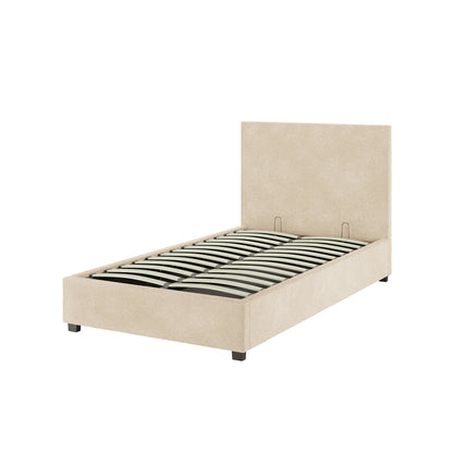 Lovita King Single Bouclé Bed Frame with Gas Lift Storage in Cream Beige features a minimalist design with upholstered platform style, tall headboard, and curved wooden slats, shown without mattress or bedding.