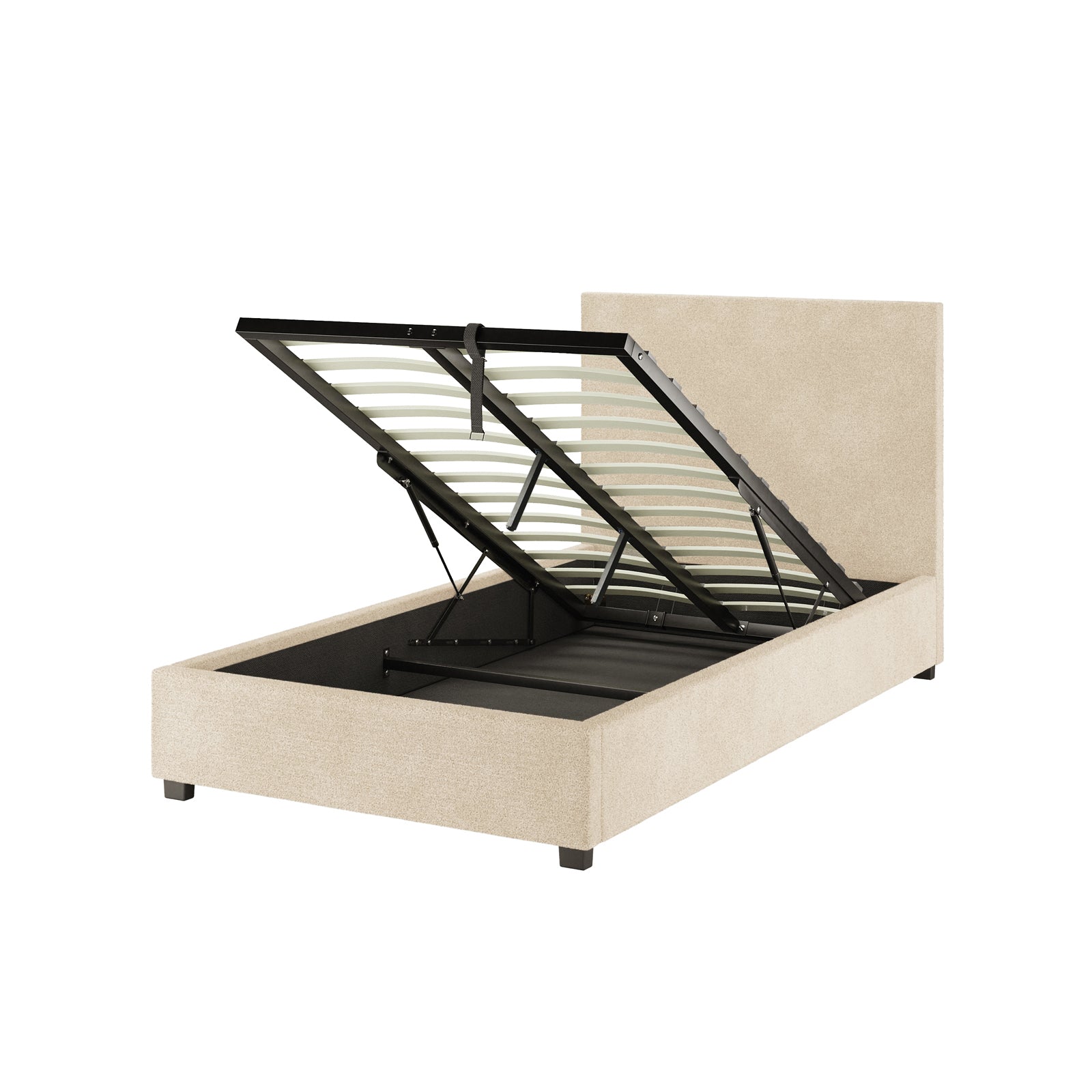 Lovita King Single Bouclé Bed Frame with Gas Lift Storage in cream beige, featuring a low-profile upholstered design, simple rectangular headboard, hinged slatted base, revealing ample under-bed storage with black gas-lift struts.