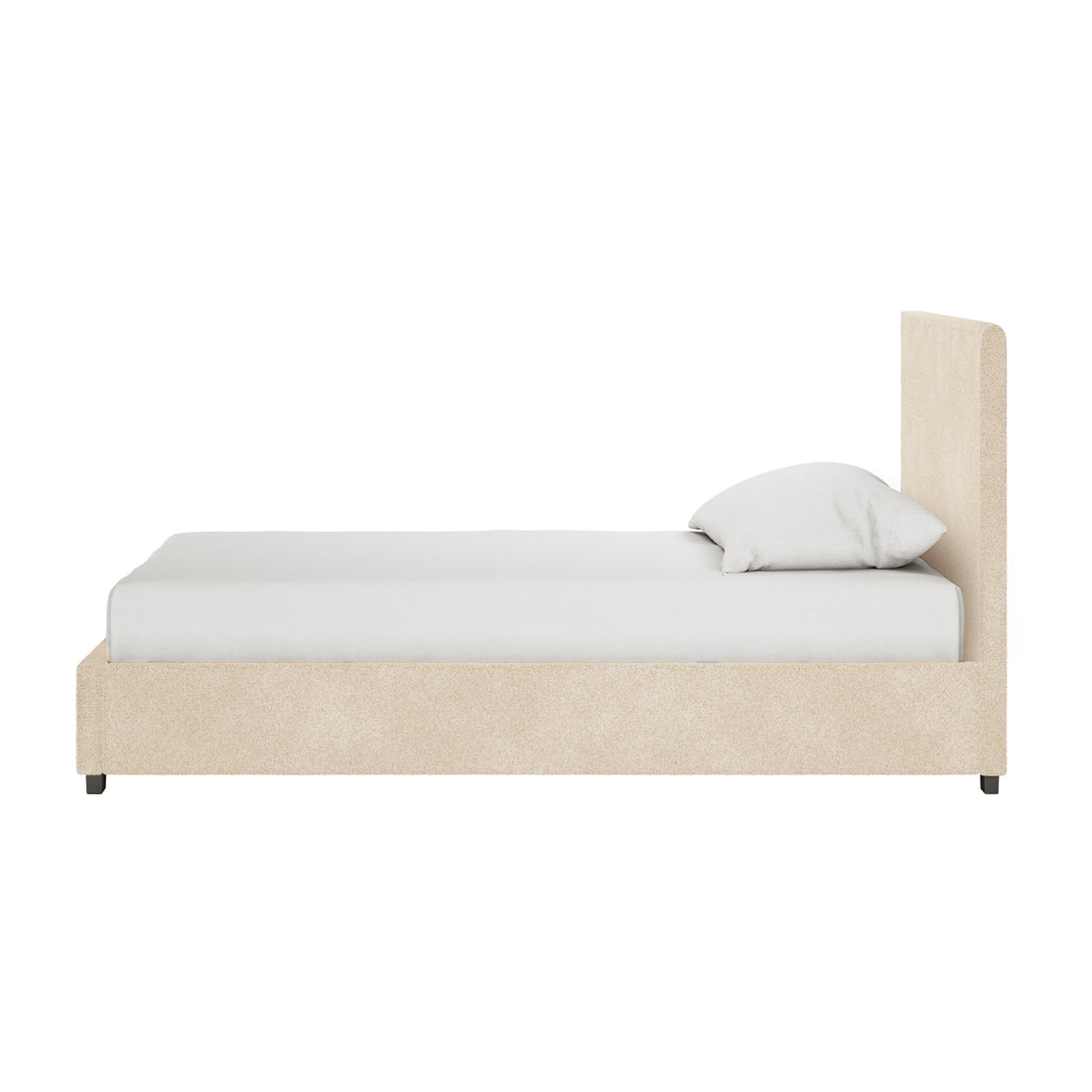 Lovita King Single Bouclé Bed Frame with Gas Lift Storage in cream beige, side view; features a tall headboard, upholstered base on short legs, and a simple white mattress and pillow.