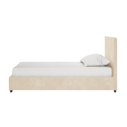 Lovita King Single Bouclé Bed Frame with Gas Lift Storage in cream beige, side view; features a tall headboard, upholstered base on short legs, and a simple white mattress and pillow.