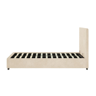 Lovita King Single Bouclé Bed Frame with Gas Lift Storage in cream beige, featuring a rectangular upholstered headboard, low-profile side rails, footboard, and visible internal slat support system for mattress placement.