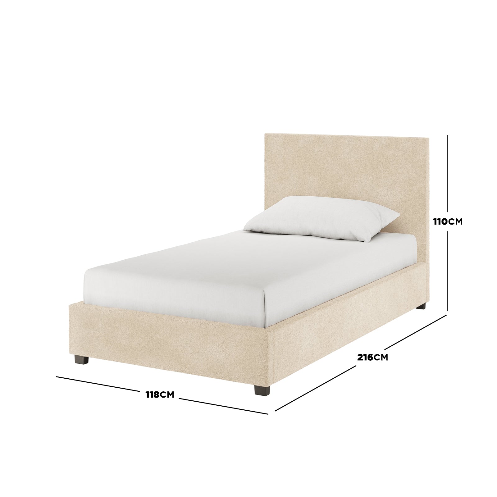 Lovita King Single Bouclé Bed Frame with Gas Lift Storage in cream beige, featuring a headboard, white mattress, and pillow. Dimension lines show width 118cm, length 216cm, height 110cm.