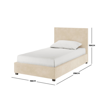 Lovita King Single Bouclé Bed Frame with Gas Lift Storage in cream beige, featuring a headboard, white mattress, and pillow. Dimension lines show width 118cm, length 216cm, height 110cm.