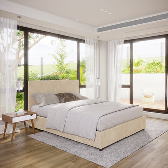 Lovita Queen Bouclé Bed Frame with Gas Lift Storage in cream beige, set in a bright bedroom with natural light, features a low-profile design, neutral bedding, and pendant lights beside it.