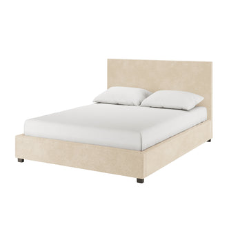 Lovita Queen Bouclé Bed Frame with Gas Lift Storage in cream beige, featuring a modern upholstered frame and headboard, topped with a white mattress and pillows for a clean, minimal look.