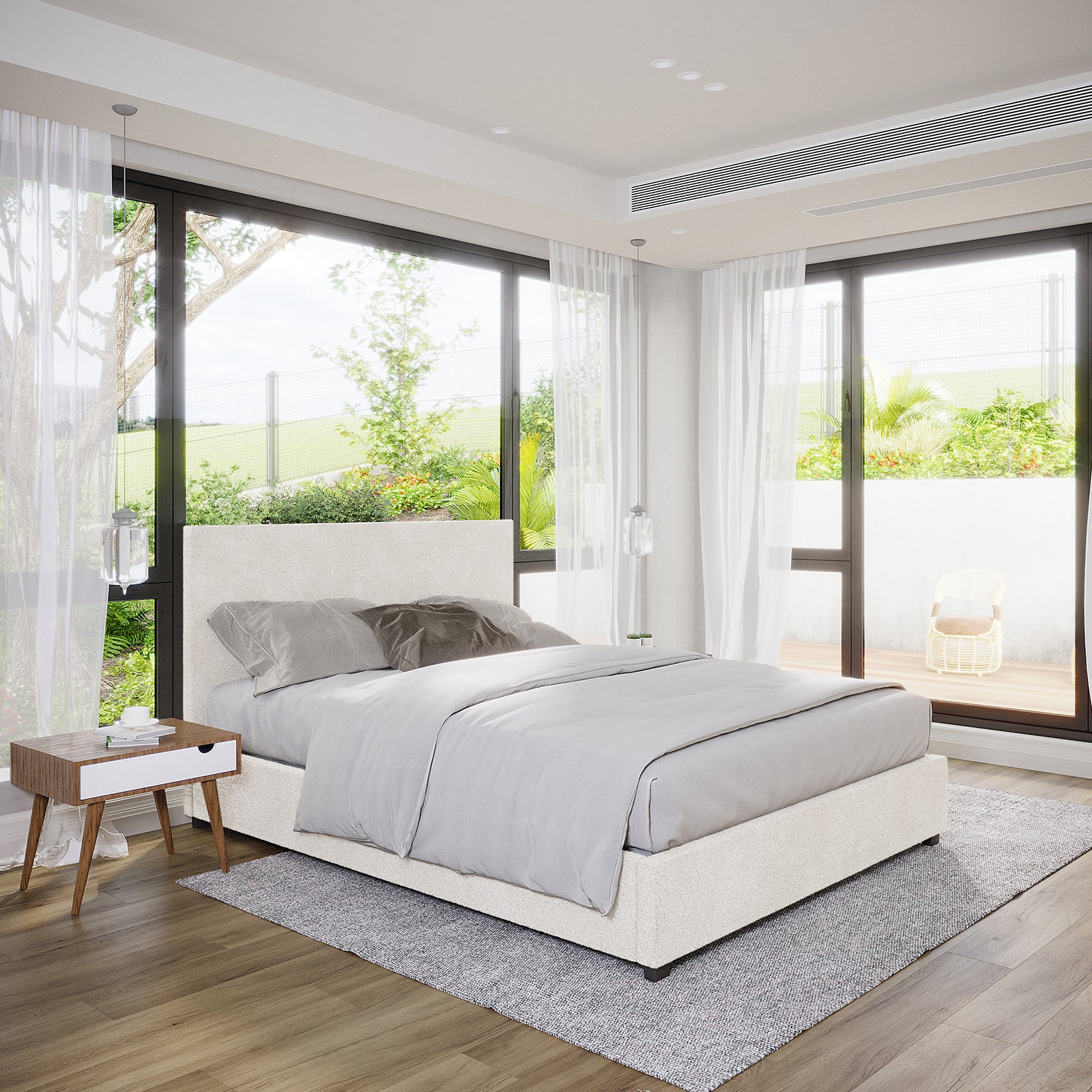 Lovita Queen Bouclé Bed Frame with Gas Lift Storage – Cream White, features a low-profile design in light fabric, set against floor-to-ceiling windows, with gray bedding and a mid-century nightstand nearby.
