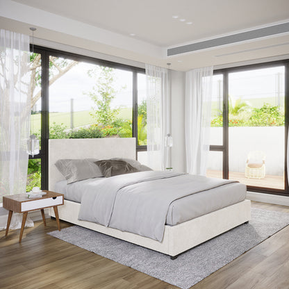 Lovita Queen Bouclé Bed Frame with Gas Lift Storage – Cream White, features a low-profile design in light fabric, set against floor-to-ceiling windows, with gray bedding and a mid-century nightstand nearby.