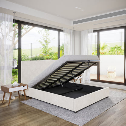 Lovita Queen Bouclé Bed Frame with Gas Lift Storage in a bright, modern bedroom, showcasing its lifted upholstered frame revealing spacious storage beneath, complemented by a mid-century nightstand and abundant natural light.