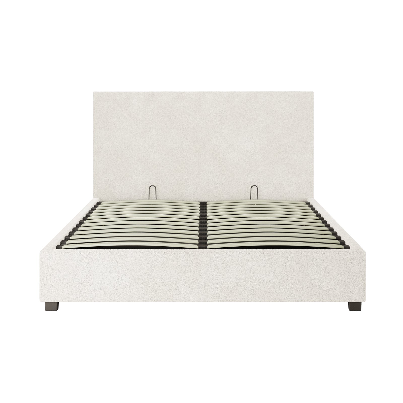 Lovita Queen Bouclé Bed Frame with Gas Lift Storage features a light upholstered headboard and platform base with wooden slats, raised on short legs, offering hidden storage beneath for practical elegance.