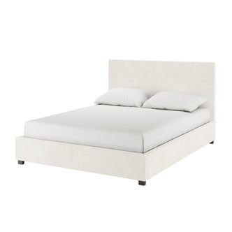 Lovita Queen Bouclé Bed Frame with Gas Lift Storage features a tall headboard, low footboard, and plush cream upholstery, showcasing modern elegance and practicality with hidden storage beneath the mattress.