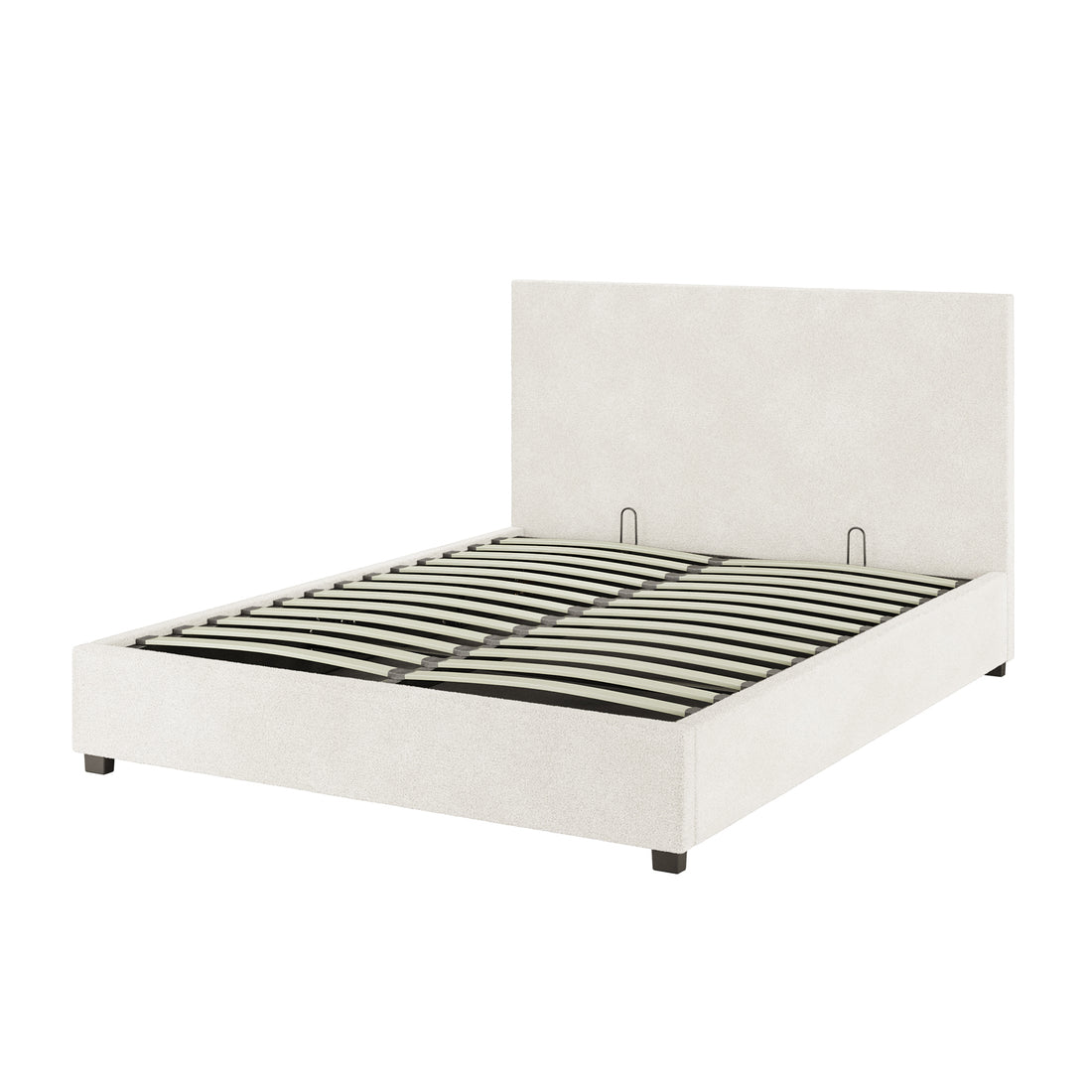 Lovita Queen Bouclé Bed Frame with Gas Lift Storage – Cream White features a simple rectangular headboard, low-profile side rails, and a slatted base, supported by short, dark-finished legs.