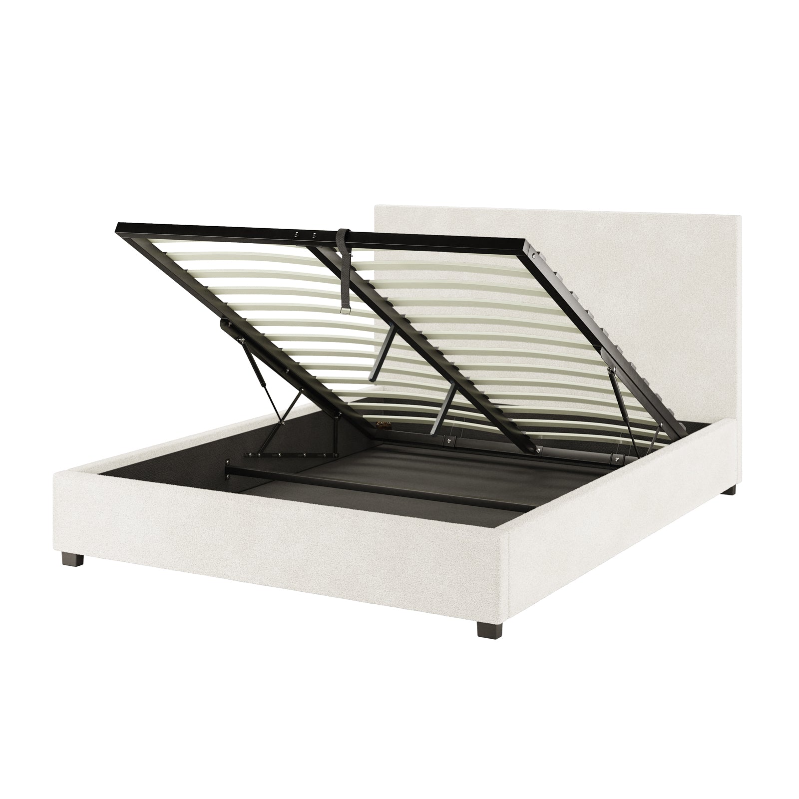 Lovita Queen Bouclé Bed Frame with Gas Lift Storage, featuring a modern upholstered design with a hinged mattress support revealing spacious under-bed storage, covered in light fabric with black hardware.