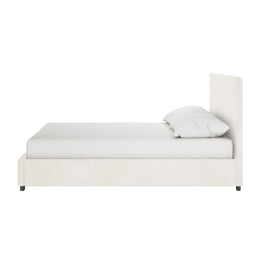 The Lovita Queen Bouclé Bed Frame with Gas Lift Storage in cream white features off-white upholstery, a tall headboard, and sits on low dark wooden feet, showcasing a modern, sleek design.