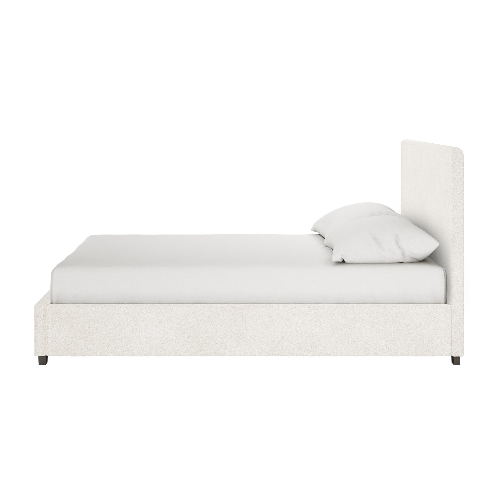 The Lovita Queen Bouclé Bed Frame with Gas Lift Storage in cream white features off-white upholstery, a tall headboard, and sits on low dark wooden feet, showcasing a modern, sleek design.