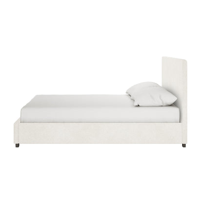 The Lovita Queen Bouclé Bed Frame with Gas Lift Storage in cream white features off-white upholstery, a tall headboard, and sits on low dark wooden feet, showcasing a modern, sleek design.