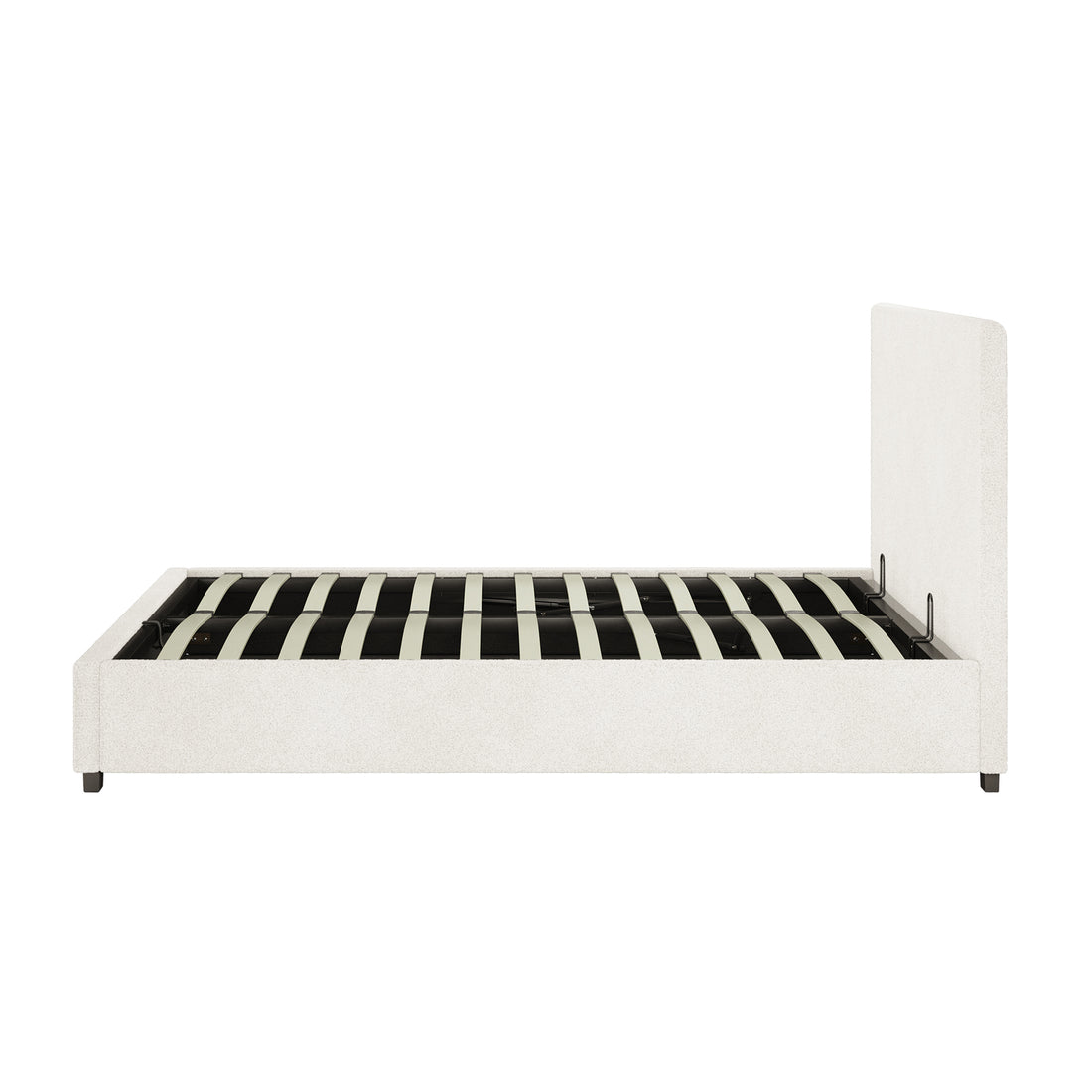 Lovita Queen Bouclé Bed Frame with Gas Lift Storage in cream white, featuring a low upholstered headboard, platform design, and wooden/metal support slats, highlighting its elegant style and practical storage solution.