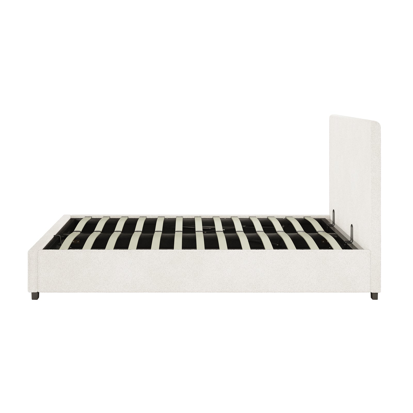 Lovita Queen Bouclé Bed Frame with Gas Lift Storage in cream white, featuring a low upholstered headboard, platform design, and wooden/metal support slats, highlighting its elegant style and practical storage solution.