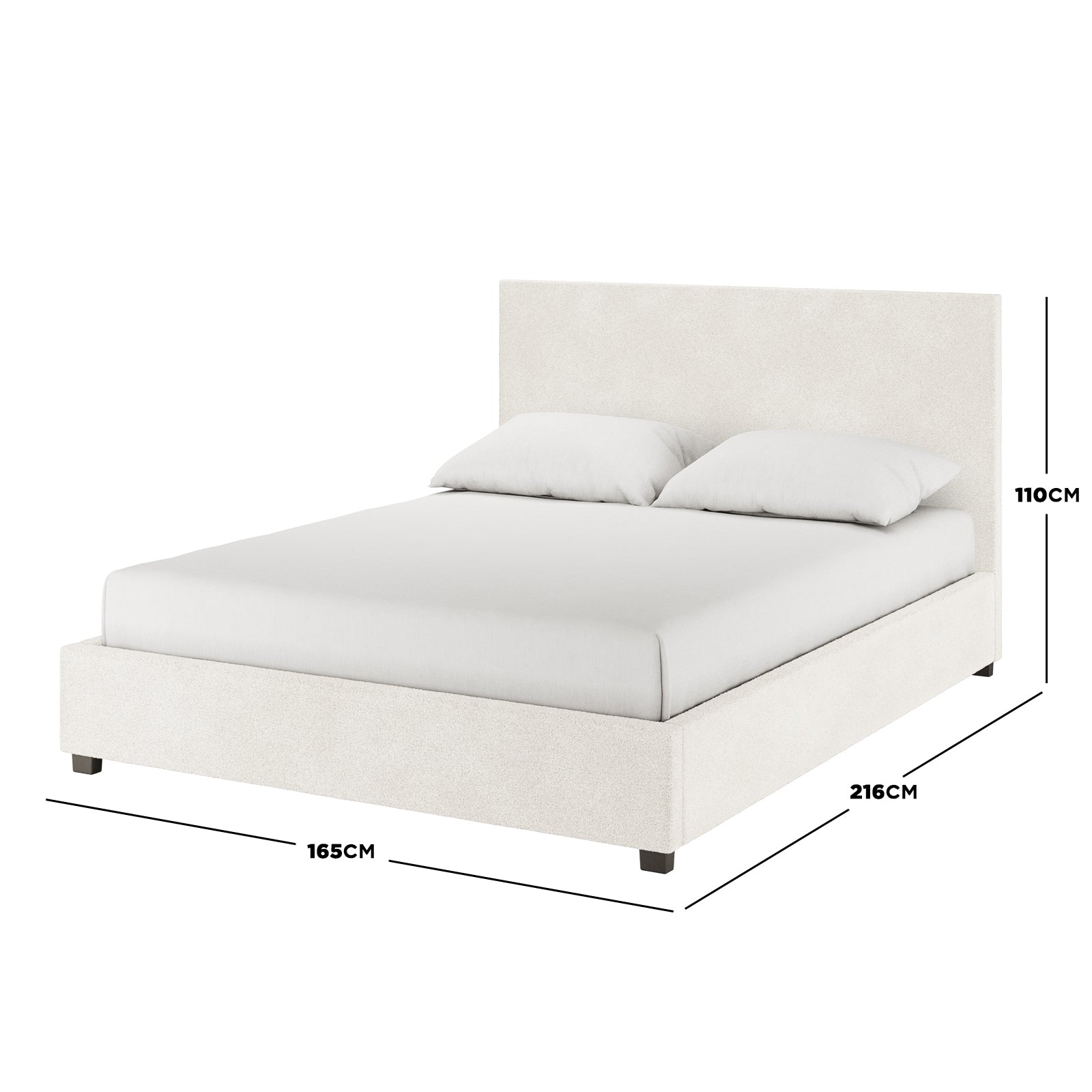 Lovita Queen Bouclé Bed Frame with Gas Lift Storage, featuring a tall headboard and upholstered platform, shown with mattress and pillows in place, dimensions 165cm wide by 216cm deep, 110cm high.