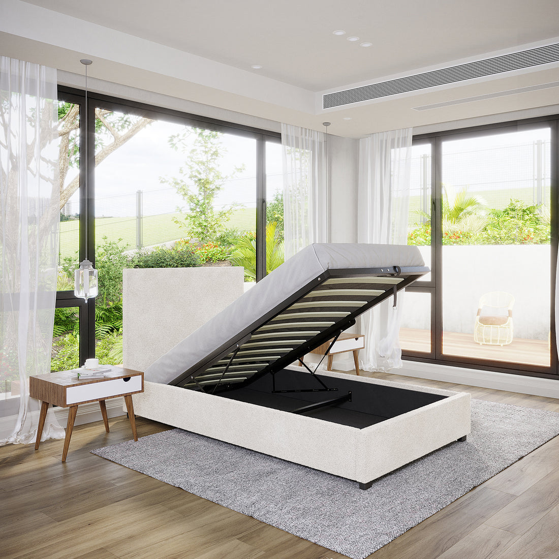 Lovita Single Bouclé Bed Frame with Gas Lift Storage – Cream White, showcasing an upholstered frame with a propped-up mattress platform revealing storage, set in a bright, modern bedroom with natural light.