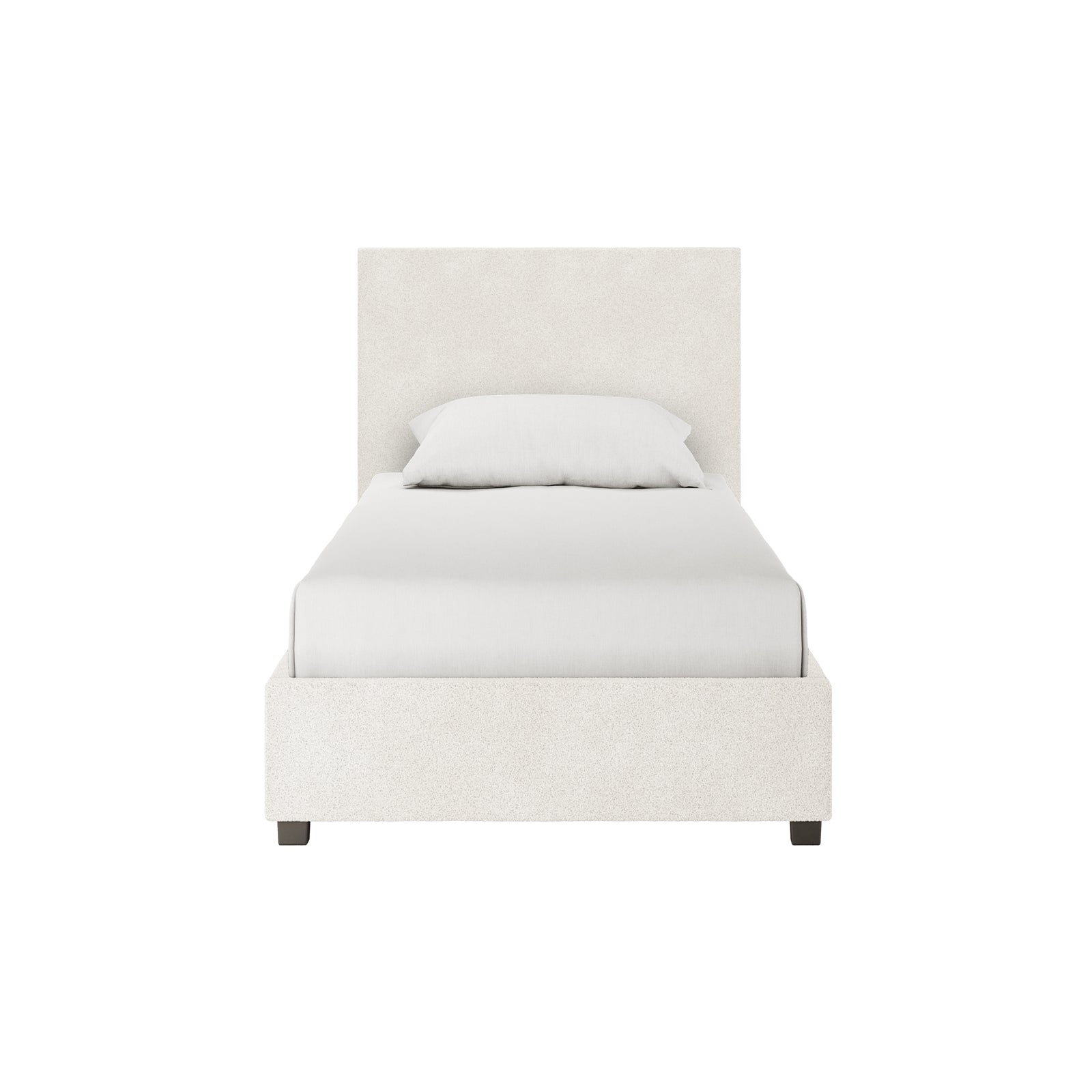Lovita Single Bouclé Bed Frame with Gas Lift Storage – Cream White, featuring a tall headboard, low footboard, and upholstered in off-white fabric, showcasing its elegant design and functional storage.