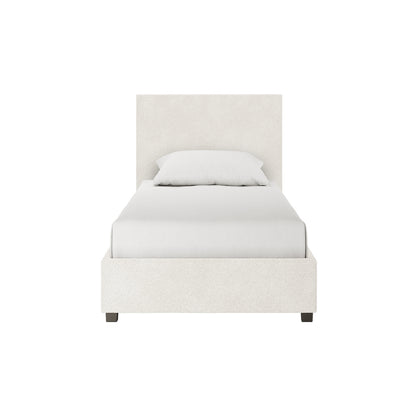 Lovita Single Bouclé Bed Frame with Gas Lift Storage – Cream White, featuring a tall headboard, low footboard, and upholstered in off-white fabric, showcasing its elegant design and functional storage.