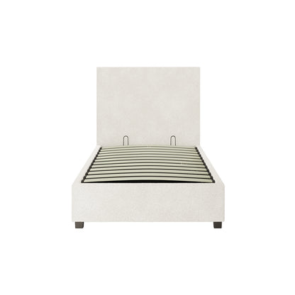 Lovita Single Bouclé Bed Frame with Gas Lift Storage in cream white, featuring a tall headboard and curved wooden slats, resting on low square feet, designed for compact bedrooms.