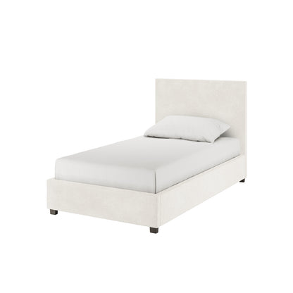 Lovita Single Bouclé Bed Frame with Gas Lift Storage – Cream White, featuring a minimalist upholstered design with a tall headboard and low platform base, ideal for optimizing space in small bedrooms.