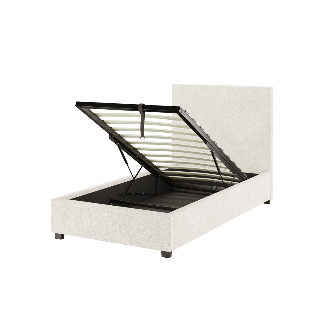 Lovita Single Bouclé Bed Frame with Gas Lift Storage – Cream White features an upholstered headboard, gas-lift hinged slatted panel, revealing under-bed storage, supported by sturdy block-style feet.