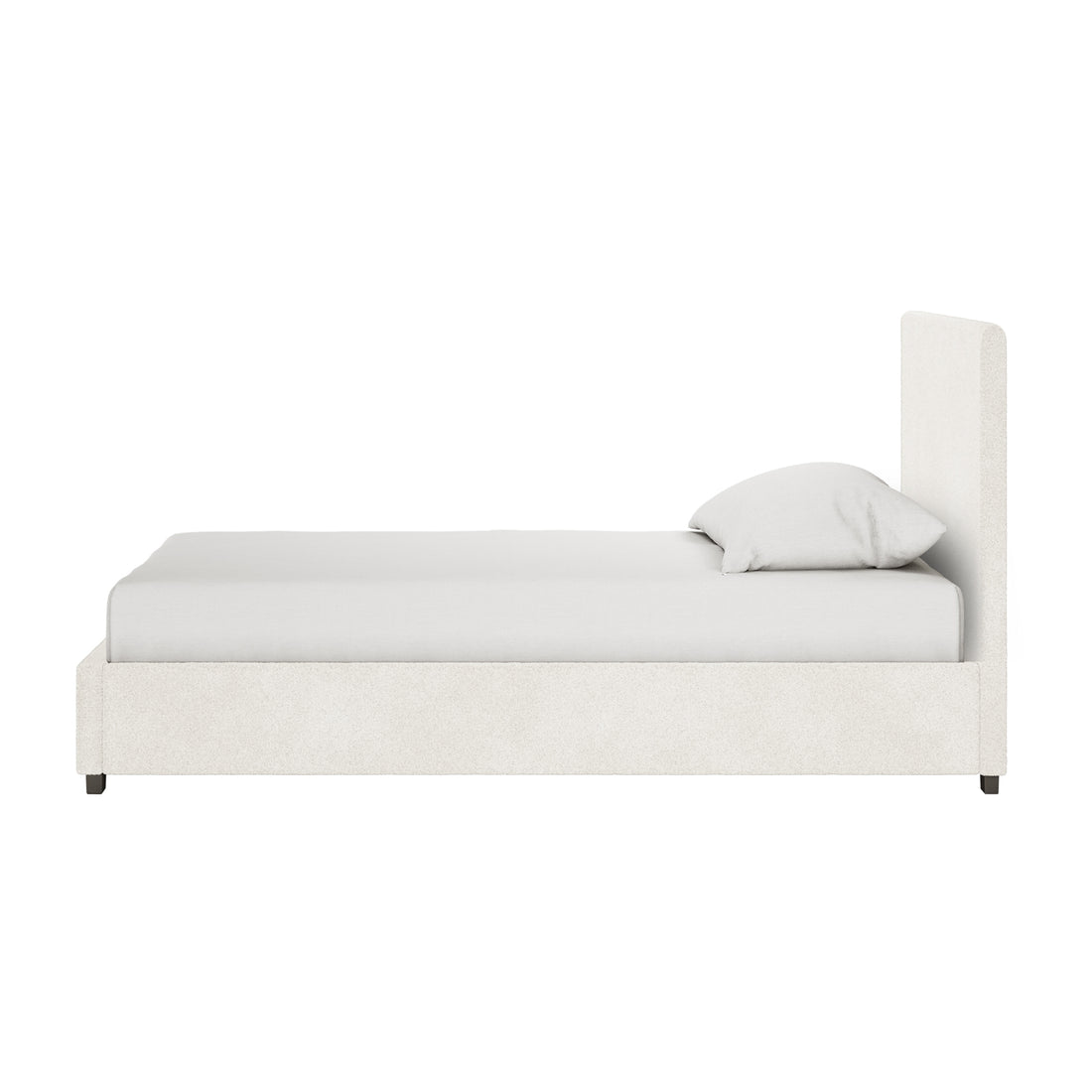 Lovita Single Bouclé Bed Frame with Gas Lift Storage in cream white, featuring a low-profile base, tall rectangular headboard, and dark legs, showcased with a matching mattress and pillow.
