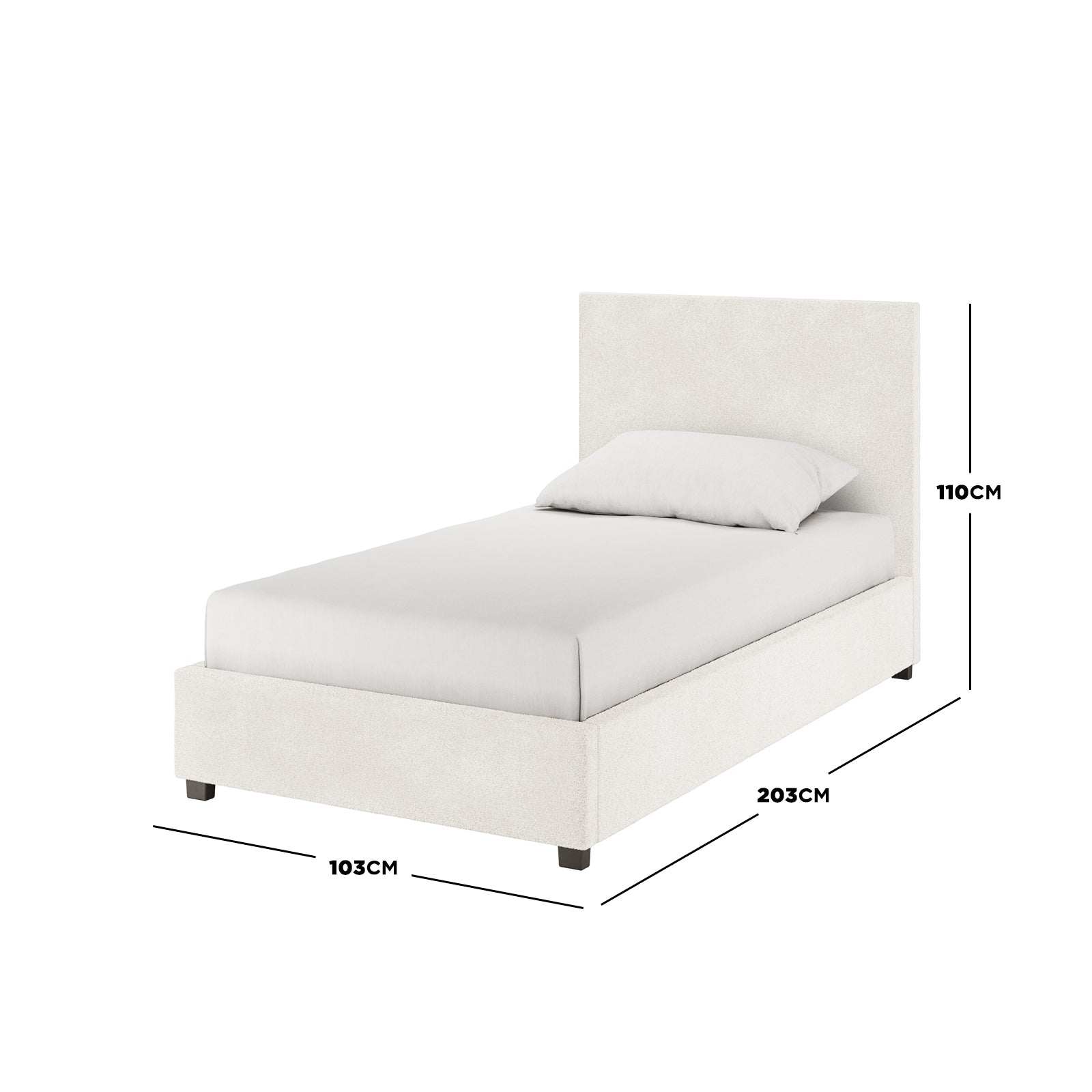 Lovita Single Bouclé Bed Frame with Gas Lift Storage in cream-white showcases a modern upholstered design with a headboard, mattress, and pillow, featuring dimensions of 203 x 103 x 110 cm.