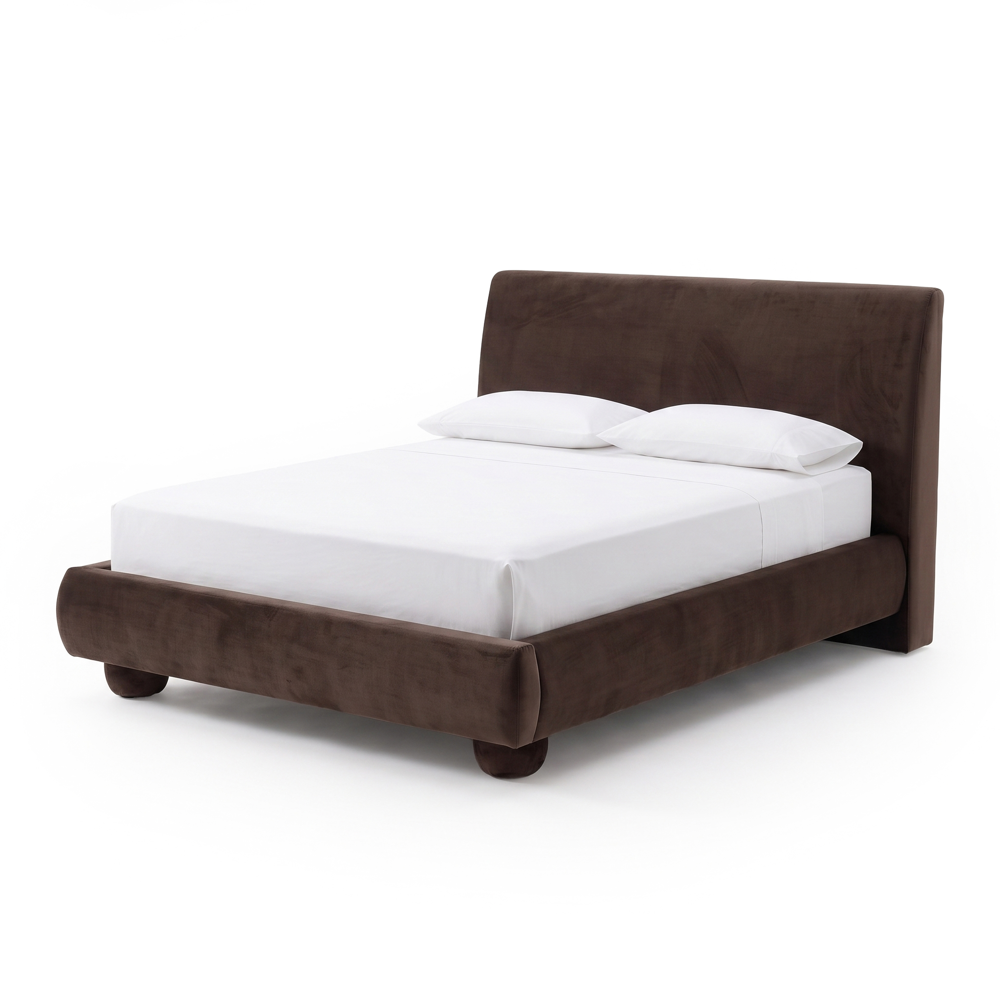 Full dark brown upholstered bed with white bedding on white background