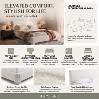 A product feature infographic for the Premium Cream Boucle Bed, highlighting its soft boucle texture, oversized upholstered legs, statement curved design, padded comfort, modern Australian aesthetic, and dimensions (218 cm width, 234 cm length, 116 cm height).