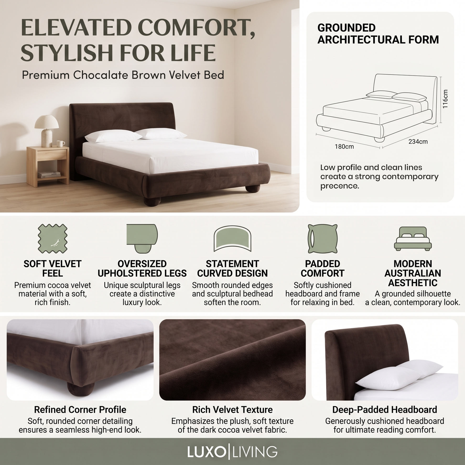 A product feature infographic for the Premium Chocolate Brown Velvet Bed, highlighting its soft velvet feel, oversized upholstered legs, statement curved design, padded comfort, modern Australian aesthetic, and dimensions (180 cm width, 234 cm length, 116 cm height).