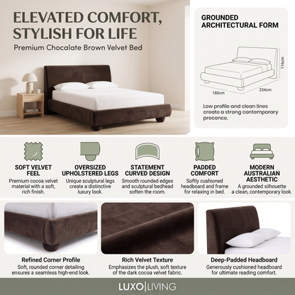 A product feature infographic for the Premium Chocolate Brown Velvet Bed, highlighting its soft velvet feel, oversized upholstered legs, statement curved design, padded comfort, modern Australian aesthetic, and dimensions (180 cm width, 234 cm length, 116 cm height).