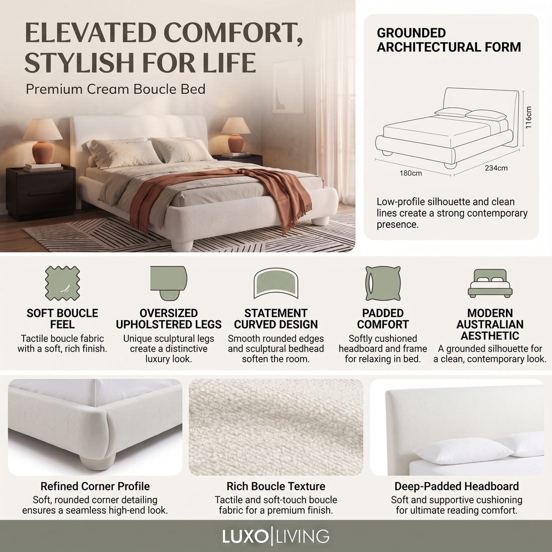 A product feature infographic for the Premium Cream Boucle Bed, highlighting its soft boucle texture, oversized upholstered legs, statement curved design, padded comfort, modern Australian aesthetic, and dimensions (180 cm width, 234 cm length, 116 cm height).