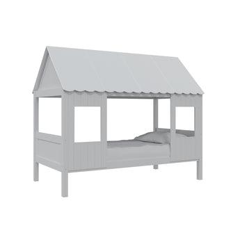 Lucius Solid Pine Timber Cubby House Bed Single White displayed as a playful, house-shaped bed frame with a sturdy design featuring window and door cutouts, ideal for enhancing a child's bedroom.