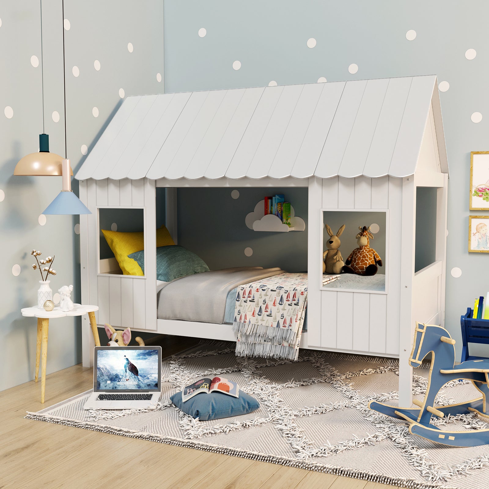 Lucius Solid Pine Timber Cubby House Bed Single White features a house-shaped frame, visible openings for windows and door, and a sturdy pine structure, creating a playful centerpiece for a child's bedroom.