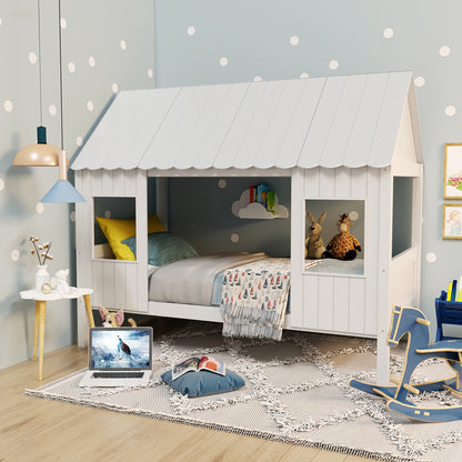 Lucius Solid Pine Timber Cubby House Bed Single White features a house-shaped frame, visible openings for windows and door, and a sturdy pine structure, creating a playful centerpiece for a child's bedroom.