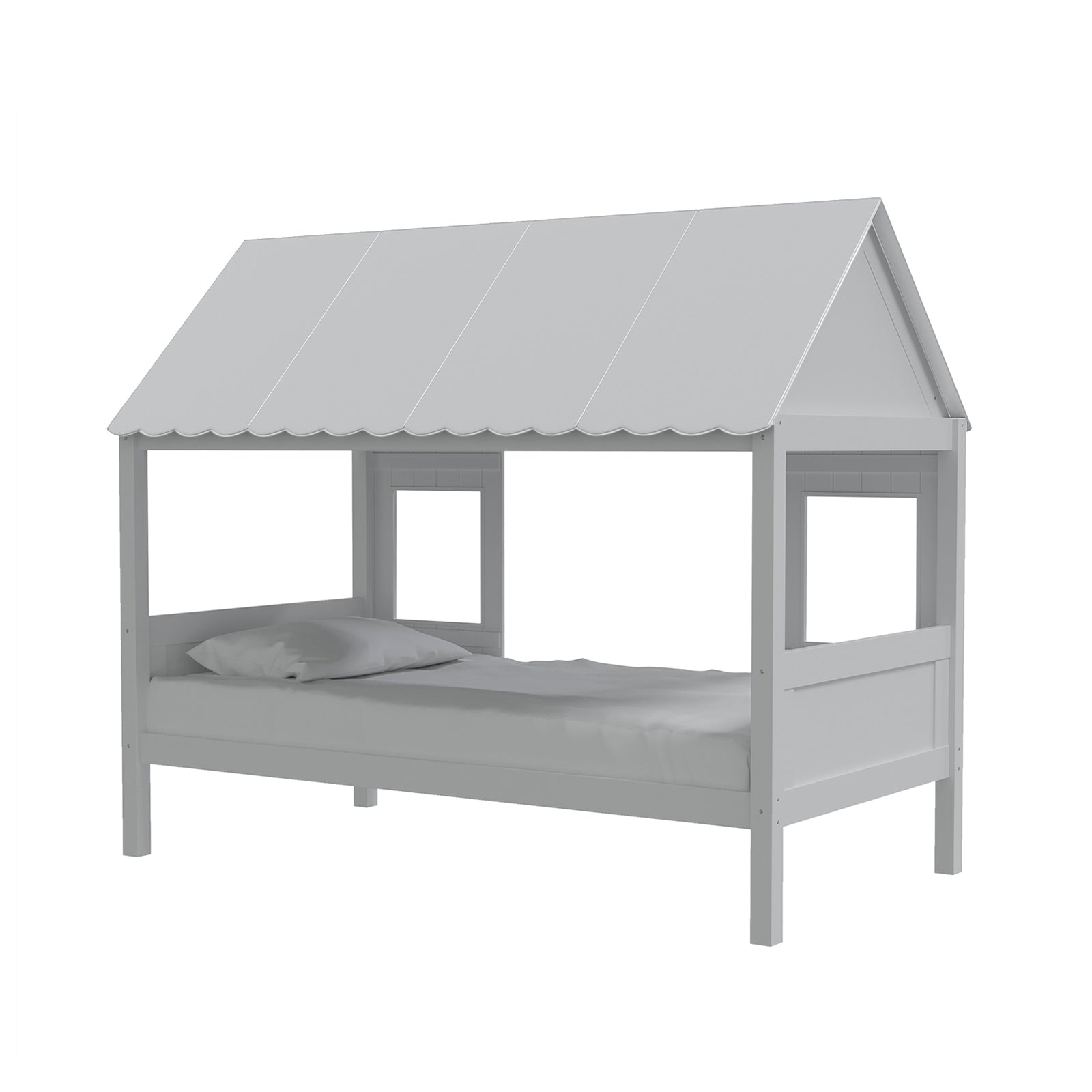 Lucius Solid Pine Timber Cubby House Bed Single White features a playful house design with a slatted pine frame and roof, creating a cozy, imaginative space for children's bedrooms.