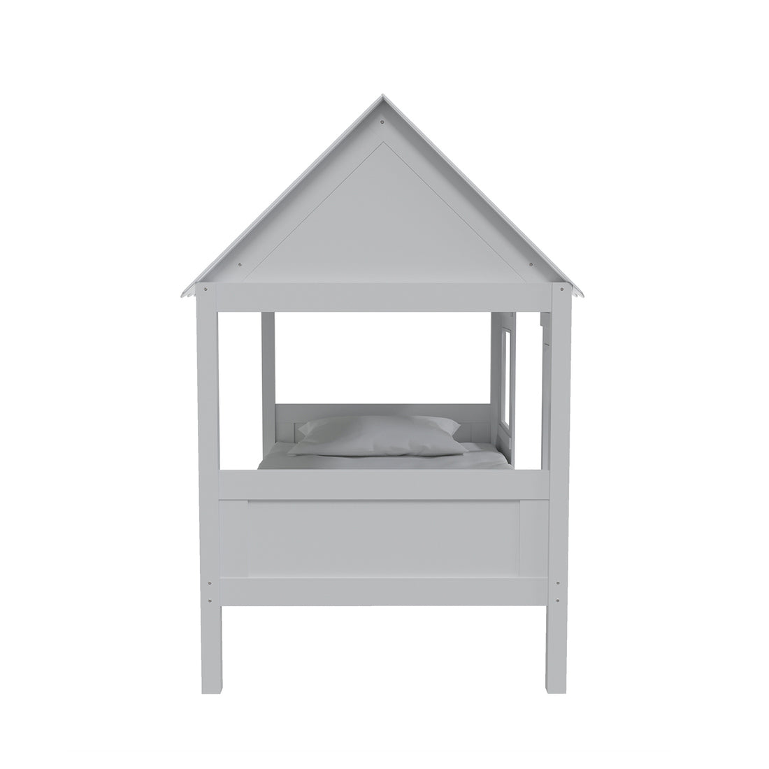 Lucius Solid Pine Timber Cubby House Bed Single White, featuring a playful triangular roof design with two window and one door openings, ideal for creating a fun and imaginative children's bedroom atmosphere.