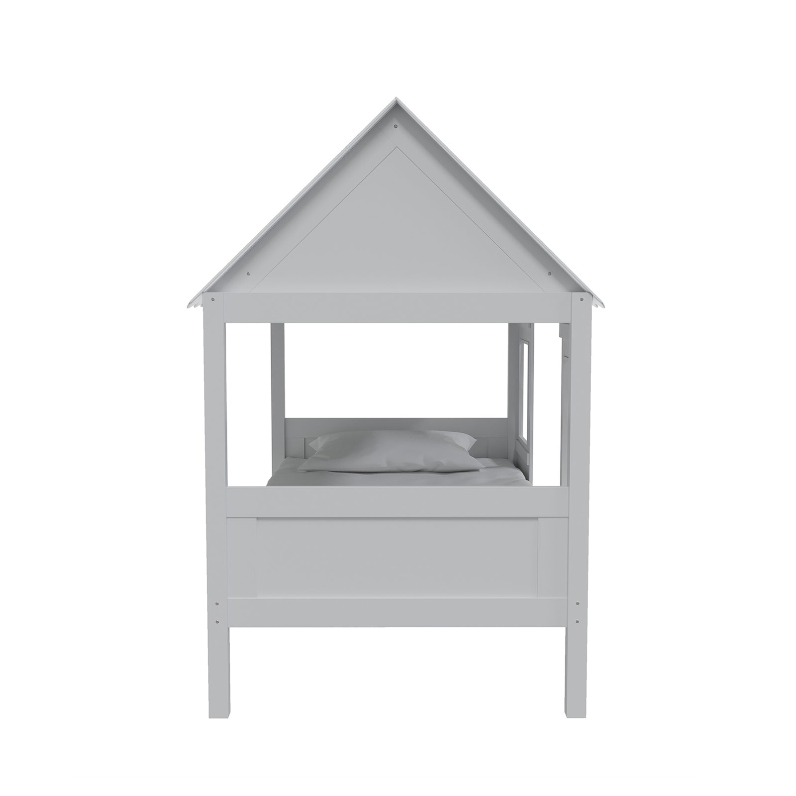 Lucius Solid Pine Timber Cubby House Bed Single White, featuring a playful triangular roof design with two window and one door openings, ideal for creating a fun and imaginative children's bedroom atmosphere.