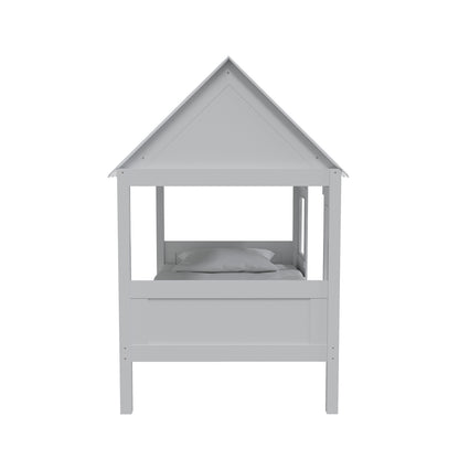 Lucius Solid Pine Timber Cubby House Bed Single White, featuring a playful triangular roof design with two window and one door openings, ideal for creating a fun and imaginative children's bedroom atmosphere.