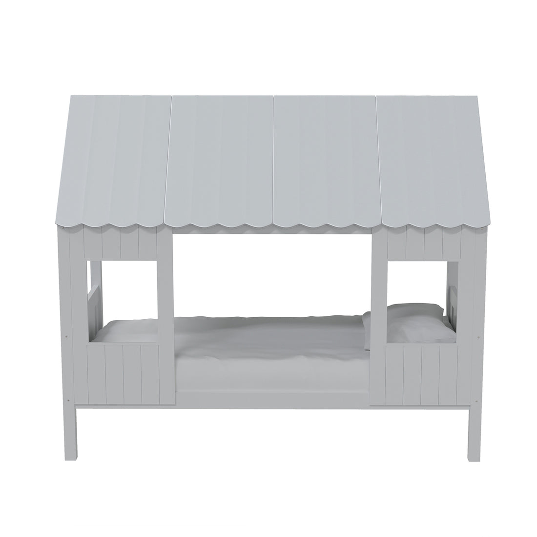 Lucius Solid Pine Timber Cubby House Bed Single White features a playful house-shaped bed frame with a roof, designed for kids' bedrooms, showcasing a sturdy pine construction with window and door openings.