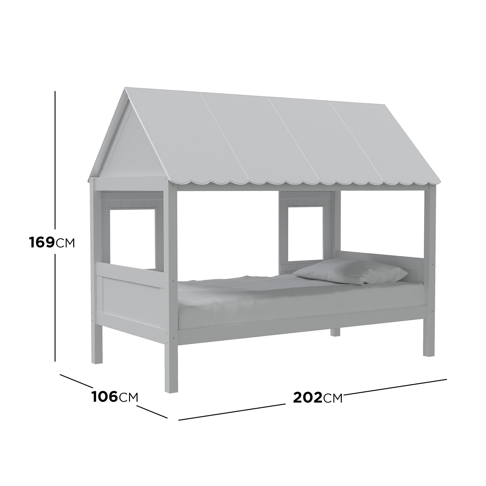 Lucius Solid Pine Timber Cubby House Bed Single White features a playful house-shaped frame with window and door openings, perfect for children's bedrooms, highlighting creativity and sturdy design.