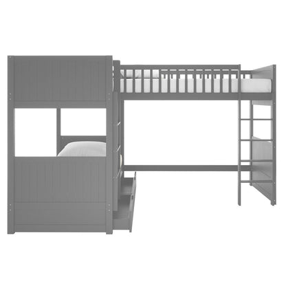Lucy Solid Pine Wood Corner Triple Loft Bunk Bed in Grey, featuring an L-shaped design with triple bunks, vertical slat paneling, a right-side ladder, and built-in storage drawers under the lower bunk.