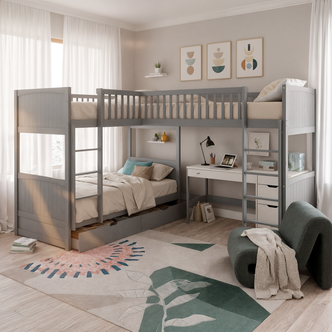 Lucy Solid Pine Wood Corner Triple Loft Bunk Bed in Grey features a single over single with an additional loft, integrated desk, and storage, maximizing space in a modern, minimalist bedroom setting.