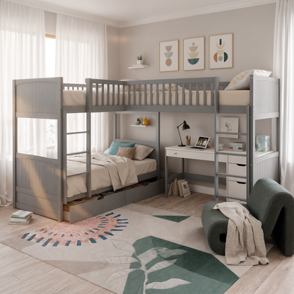Lucy Solid Pine Wood Corner Triple Loft Bunk Bed in Grey features a single over single with an additional loft, integrated desk, and storage, maximizing space in a modern, minimalist bedroom setting.