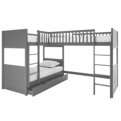 Lucy Solid Pine Corner Triple Loft Bunk Bed in Grey, featuring an L-shaped design with two sleeping platforms, guardrails, ladders, and two pull-out storage drawers, maximizing space for shared bedrooms.